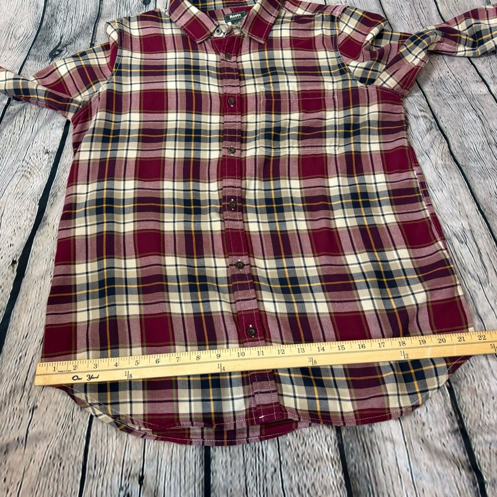 Roots Red Cream Navy Plaid Women’s Flannel Shirt 100% Cotton Cabincore Sz Medium - Picture 10 of 12